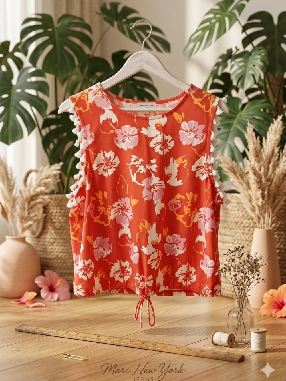 Marc New York Jeans Floral Tassel Trim Sleeveless Top Orange Pink XL - Picture 1 of 12